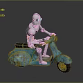 Silver Metallic Robot Riding Blue Vintage Scooter With Orange Headlight And Rustic Accents