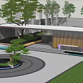 Modern Building Facade With Glass Elements Lush Greenery And Water Feature Design