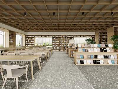 Book Art Library Interior With Wooden Ceiling Bookshelves Long Tables Colorful Book Displays And Green Plants 3d model