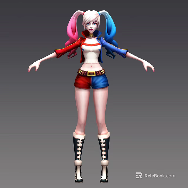Animated Game Movie Character With Pink Blue Hair Striped Top Denim Shorts And Black Boots 3d model 