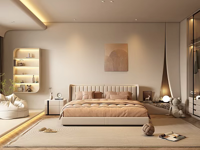 Modern Cozy Double Bed Interior With Beige Upholstered Headboard Warm Lighting And Decorative Rug 3d model