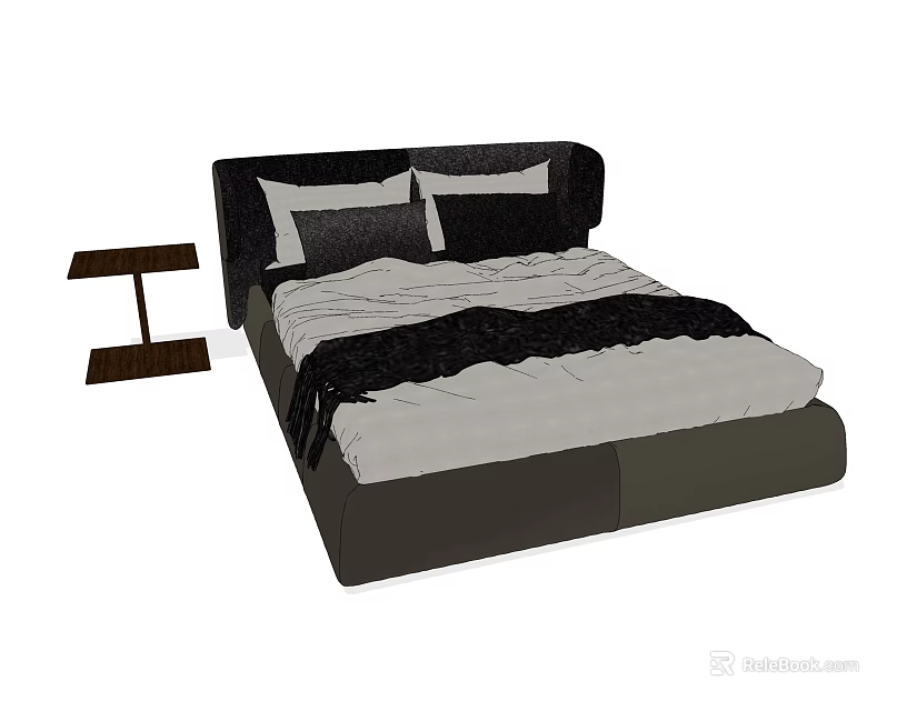 Modern Minimalist Double Bed With Black White Bedding And Side Nightstand 3d model