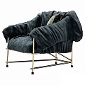 Dark Blue Velvet Armchair with Brass Metal Frame and Decorative Floral Pattern Pillows
