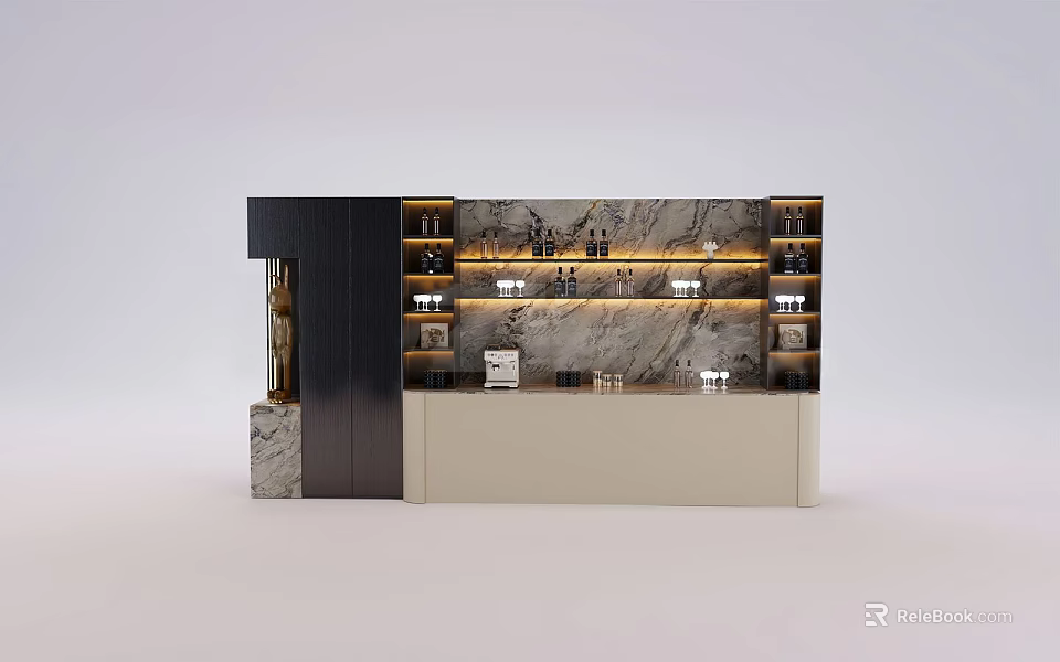 Modern Kitchen Cabinets Featuring Marble Backsplash Black Beige Shelves And Lighting 3d model
