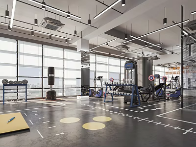 Spacious Gym Interior With Workout Equipment Functional Training Area And Large Windows 3d model