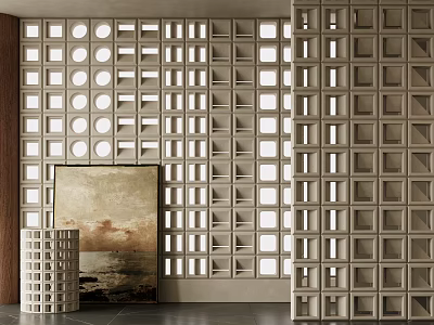 Modern Room Divider Interior Design With Geometric Cutouts And Framed Artwork 3d model
