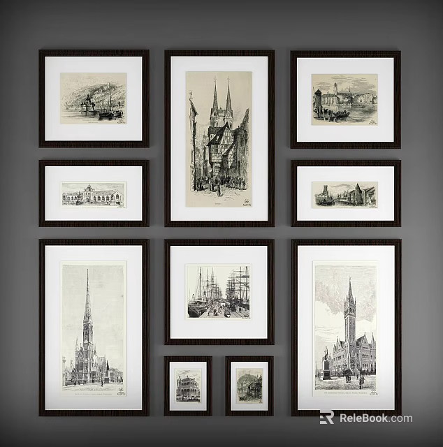 Vintage Framed Black and White Architectural Landscape Paintings With Church Spire Bridge and Ship 3d model 