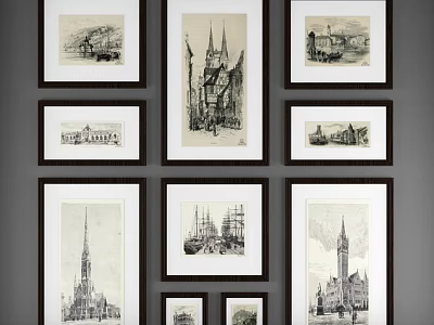 Vintage Framed Black and White Architectural Landscape Paintings With Church Spire Bridge and Ship 3d model