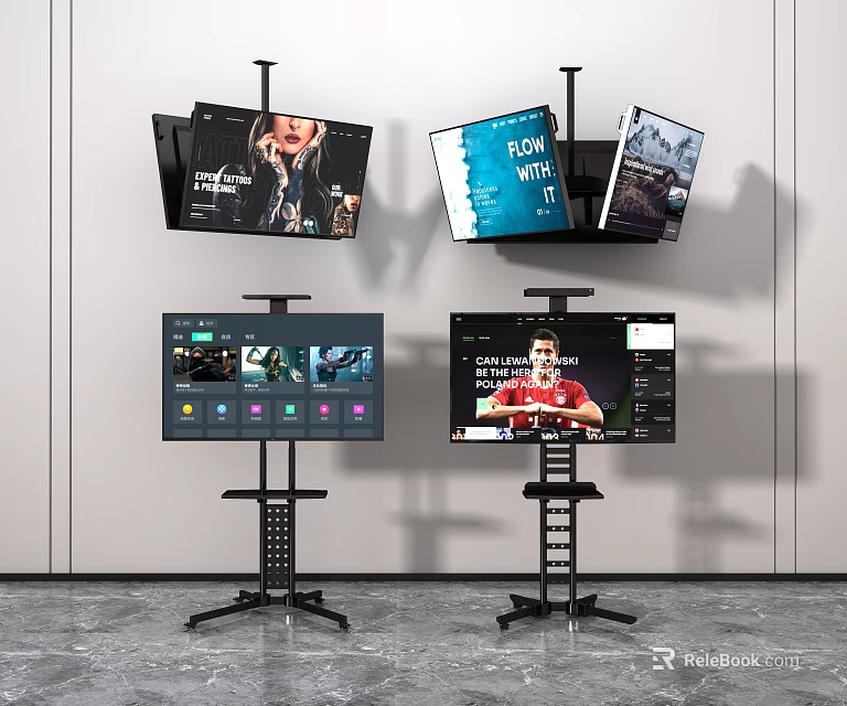 Multiple Televisions On Stands Displaying Various Content And Screens 3d model 