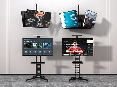 Multiple Televisions On Stands Displaying Various Content And Screens 3d model