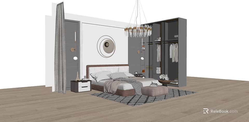 Modern Bedroom Interior Design With Double Bed Chandelier Wardrobe Nightstand And Decorative Rug 3d model 