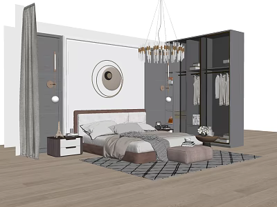 Modern Bedroom Interior Design With Double Bed Chandelier Wardrobe Nightstand And Decorative Rug 3d model