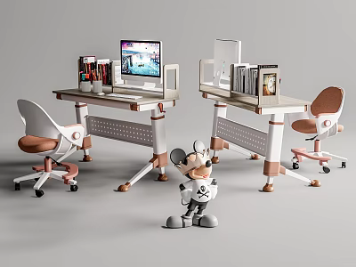 White and Pink Kids Study Desk With Monitor Bookshelf Stationery Chair and Mickey Mouse Figurine 3d model