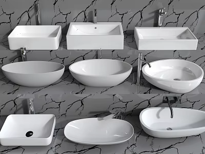 Various Shaped White Washbasins With Faucets On Grey Cracked Wall 3d model