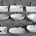 Various Shaped White Washbasins With Faucets On Grey Cracked Wall