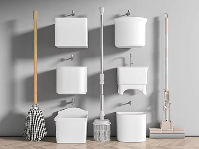 Modern Bathroom Accessories With Toilet Brush Trash Bin Mop And Wash Basins 3d model