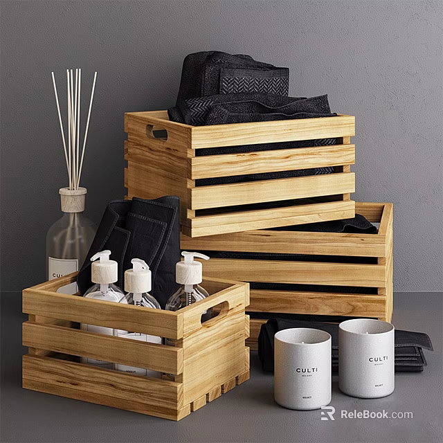 Household Washing Essentials Organized In Wooden Crates With Bottles Towels Candles And Reed Diffuser 3d model 