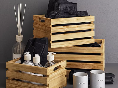 Household Washing Essentials Organized In Wooden Crates With Bottles Towels Candles And Reed Diffuser 3d model