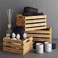 Household Washing Essentials Organized In Wooden Crates With Bottles Towels Candles And Reed Diffuser