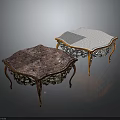 Ornate Vintage Furniture Tables With Purple And White Carved Tops And Golden Decorative Legs