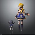 Blonde Girl In Blue And Yellow Dress With Gray Cat Wearing Blue Bow Tie