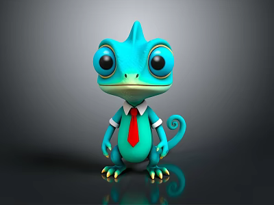 Turquoise Cartoon Chameleon With Big Eyes Wearing White Shirt Red Tie Standing On Black Background 3d model