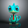 Turquoise Cartoon Chameleon With Big Eyes Wearing White Shirt Red Tie Standing On Black Background