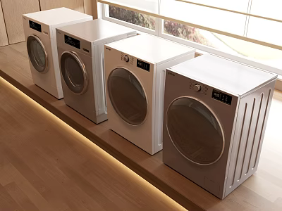 Modern Front Load Washing Machines in Bright Room with Wooden Floor and Window 3d model