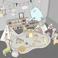 Stuffed Animals In Kids Playroom With Teepees Play Mat Shelves And Balloons