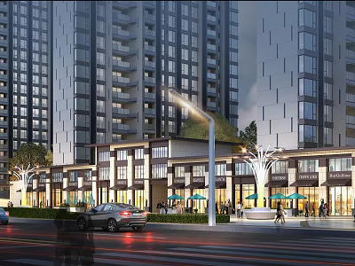 Modern Commercial Street With High Rise Buildings Shops Street Lamps Pedestrians And Cars 3d model