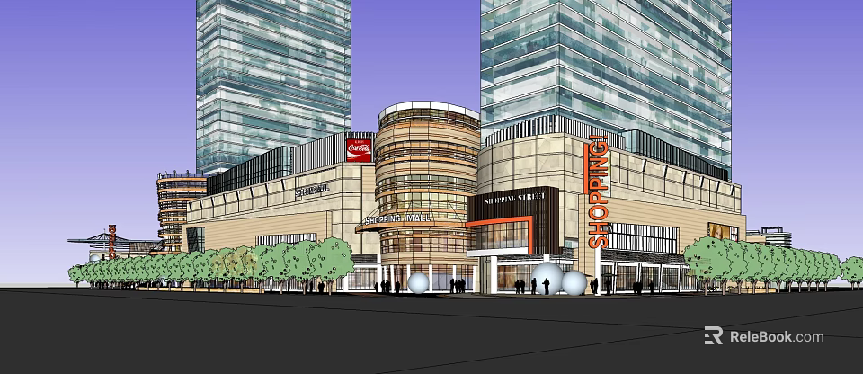 Modern Commercial Complex With High Rise Glass Buildings And Retail Shopping Mall Area 3d model 