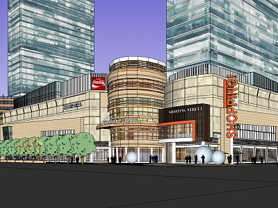 Modern Commercial Complex With High Rise Glass Buildings And Retail Shopping Mall Area 3d model