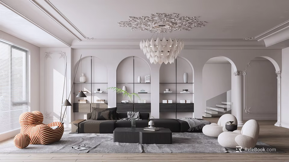 Elegant Living Room Interior With Ornate Ceiling Decoration White Chandelier Black Sofa And Arched Doorways 3d model 