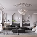 Elegant Living Room Interior With Ornate Ceiling Decoration White Chandelier Black Sofa And Arched Doorways