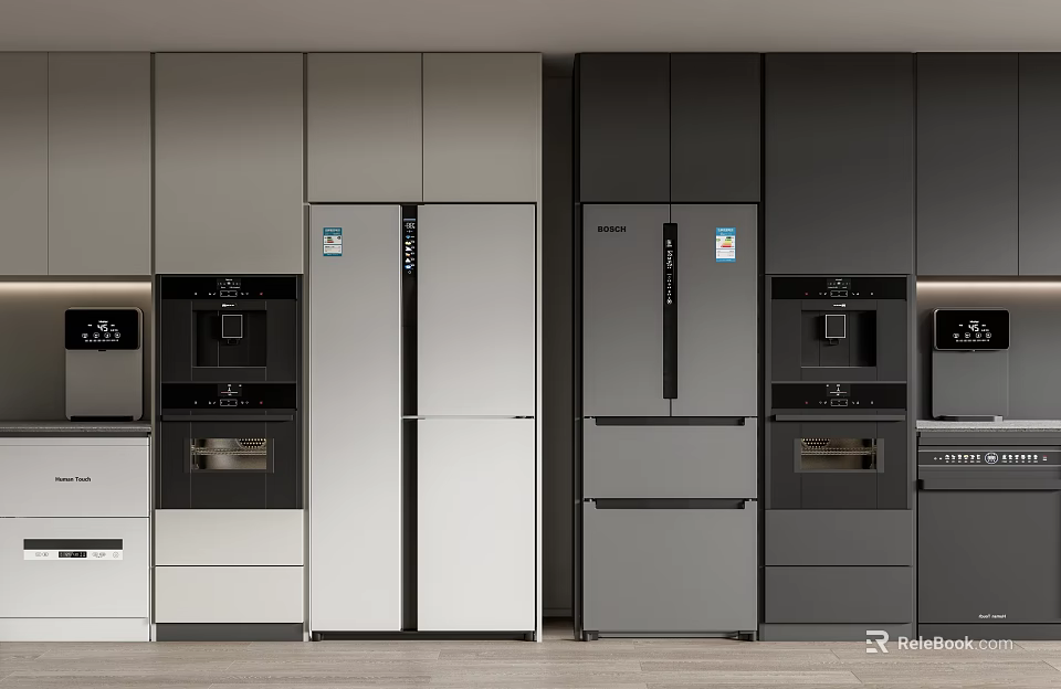 Modern Kitchen Interior With Sleek Silver And Gray Refrigerators Cabinets And Appliances 3d model 