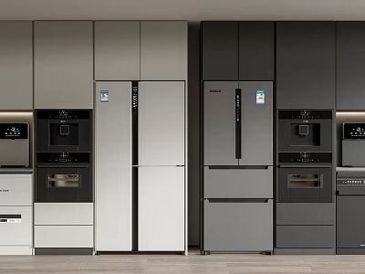 Modern Kitchen Interior With Sleek Silver And Gray Refrigerators Cabinets And Appliances 3d model