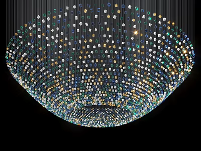 Colorful Beaded Chandelier with Blue Green Gold White Strings in Circular Design 3d model