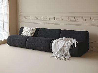 Comfortable Sectional Sofa With Decorative Pillow And Throw Blanket By Window With Decorative Wall Molding 3d model