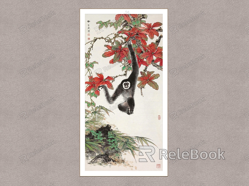 Decorative Painting Red Leaf White Ape Figure Tian Shiguang Flower and Bird Painting model