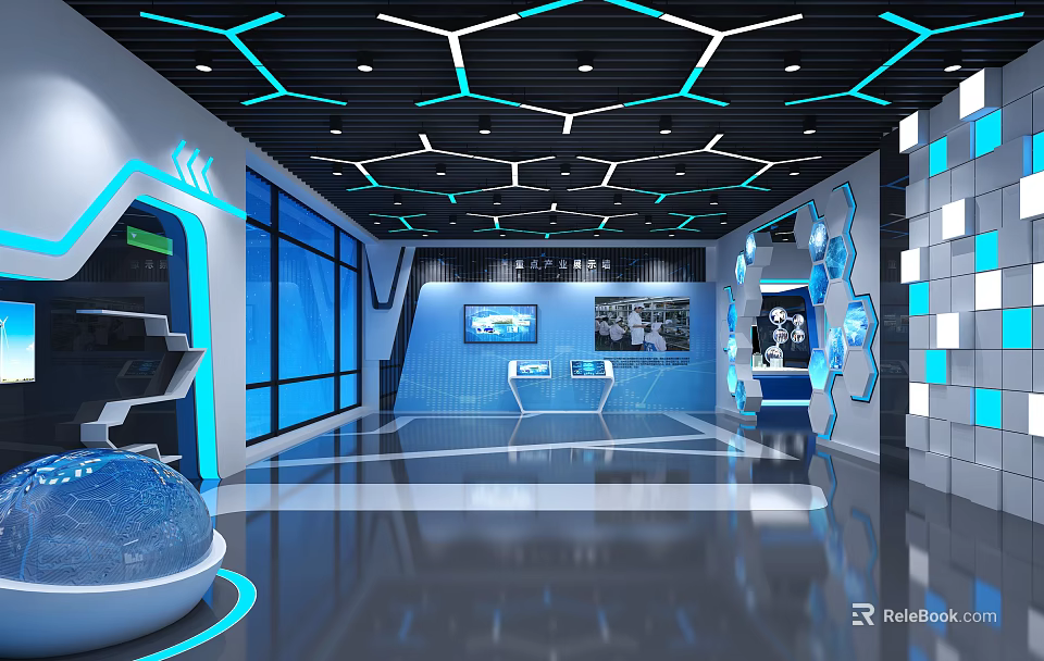 Futuristic Modern Exhibition Hall With Blue Lighting Geometric Ceiling And Interactive Displays 3d model 