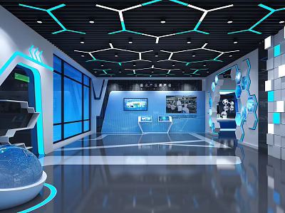 Futuristic Modern Exhibition Hall With Blue Lighting Geometric Ceiling And Interactive Displays 3d model