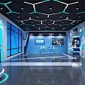 Futuristic Modern Exhibition Hall With Blue Lighting Geometric Ceiling And Interactive Displays 3d model