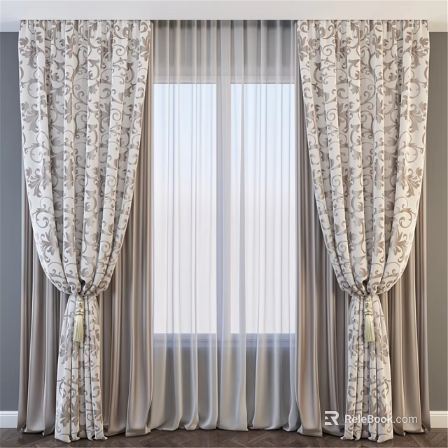 Floral Patterned Curtains With Sheer Voile And Tassel Tiebacks For Window Interior 3d model 