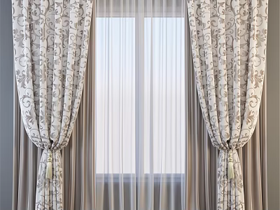 Floral Patterned Curtains With Sheer Voile And Tassel Tiebacks For Window Interior 3d model