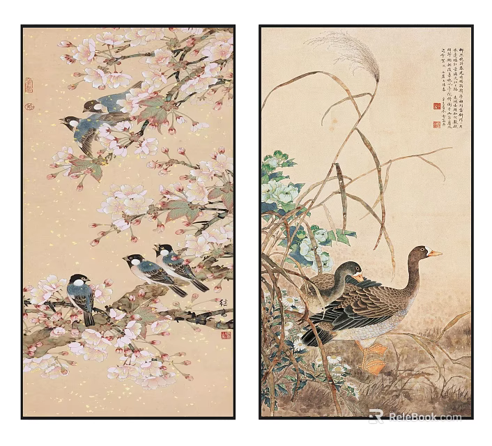Traditional Chinese Painting With Cherry Blossoms Birds Reeds And Geese 3d model 