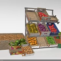 Multi Tiered Display Shelves with Wooden Crates Holding Fresh Fruits and Vegetables