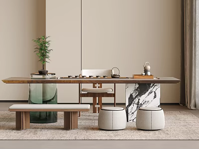 Modern Minimalist Tea Table And Chairs With Wooden Top Potted Plant And Ottomans 3d model