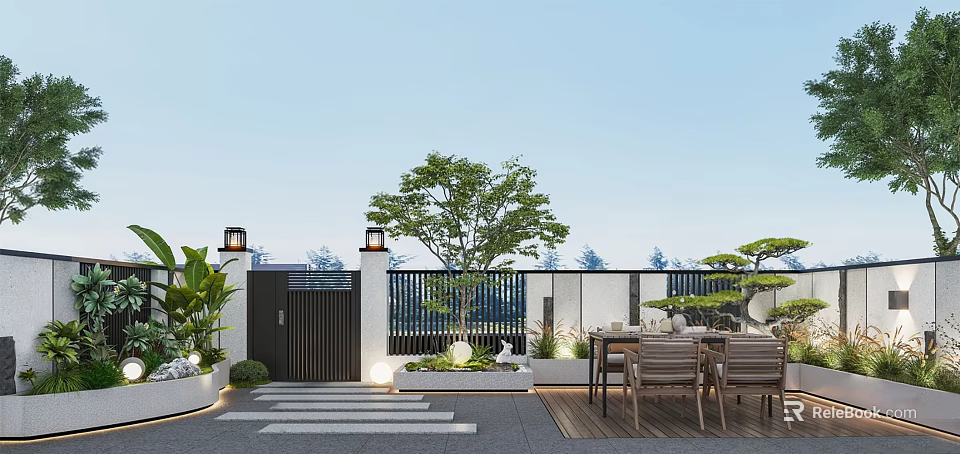 Modern Garden Landscape With Black Gate White Wall Tree Dining Set And Stone Path 3d model