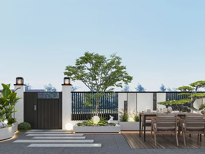 Modern Garden Landscape With Black Gate White Wall Tree Dining Set And Stone Path 3d model