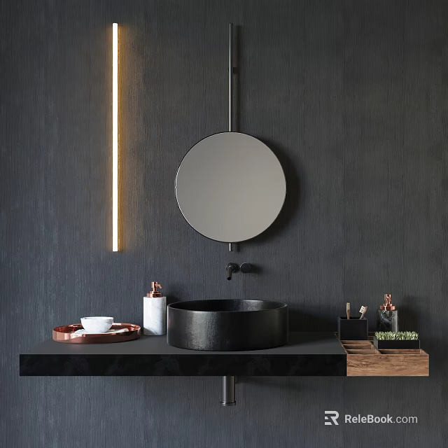 Modern Bathroom With Black Washbasin Round Mirror Black Wall Countertop And Cosmetics 3d model 